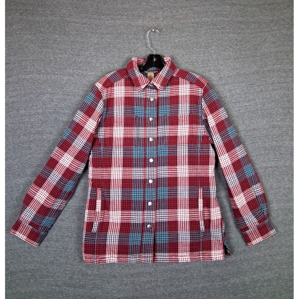 Duluth Womens Jacket Small Red Blue Plaid Quilt Lined Snap Chore Barn Coat
